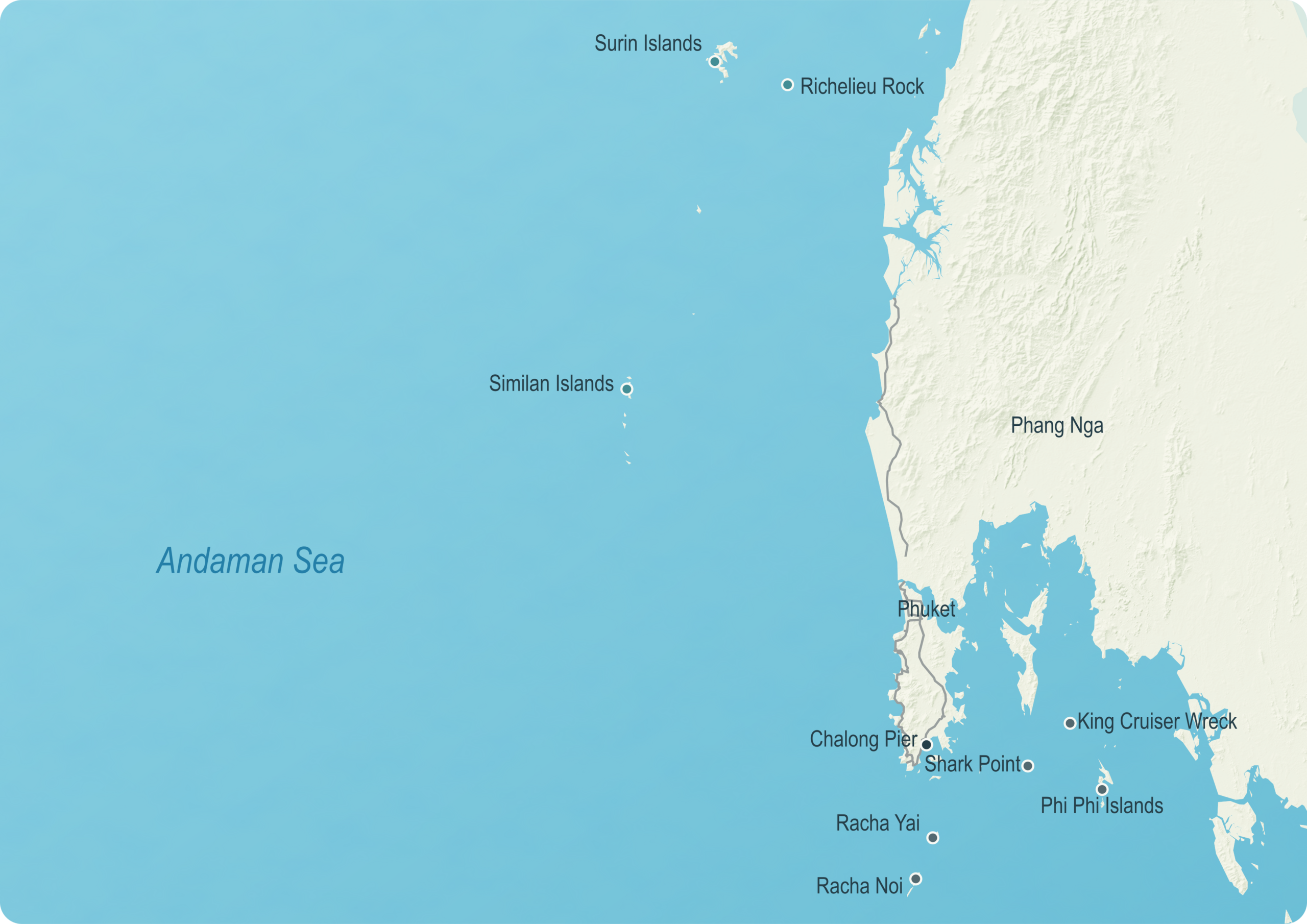 Map of local Phuket dive sites and the farther Similan, Surin and Richelieu Rock destinations
