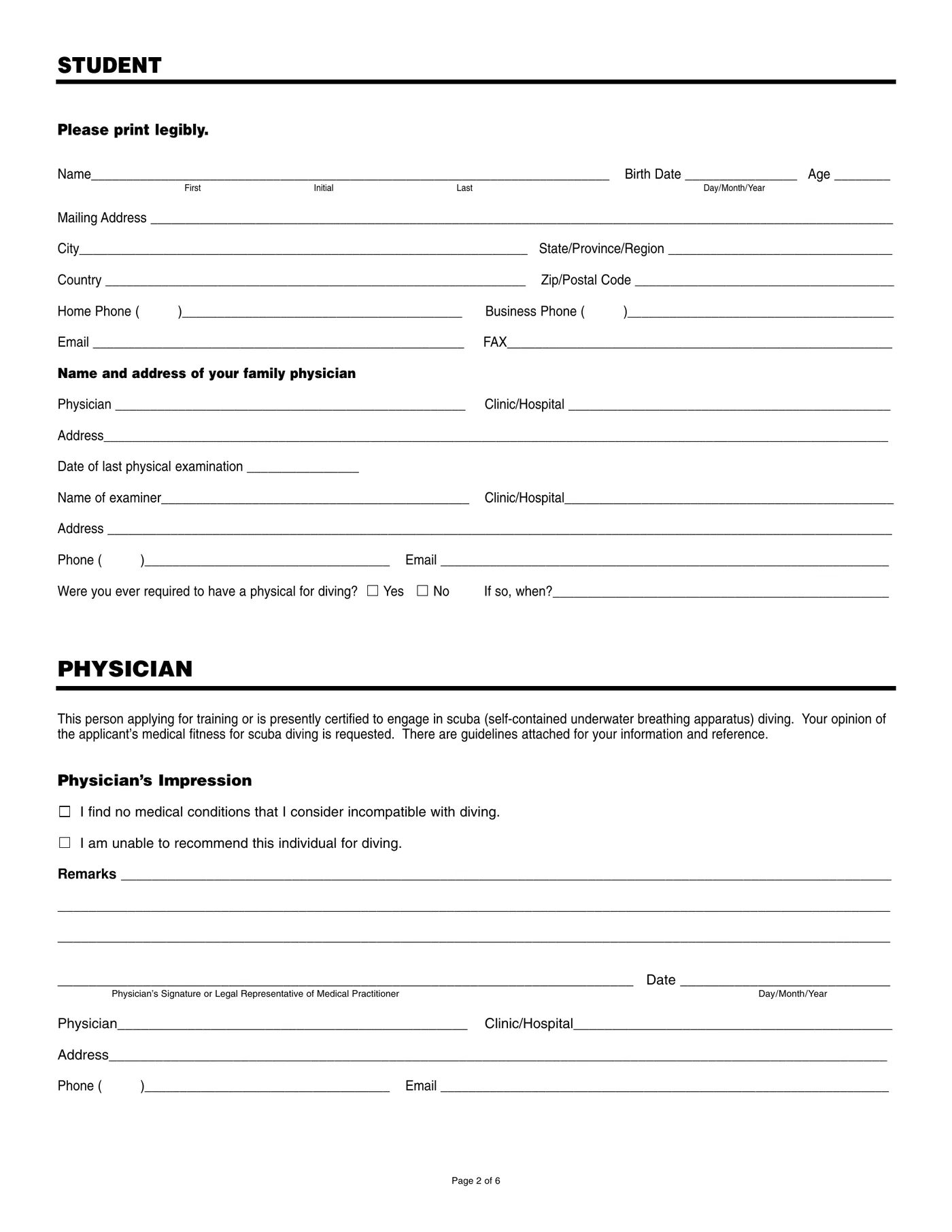 PADI scuba diving medical form student and physician details page 2