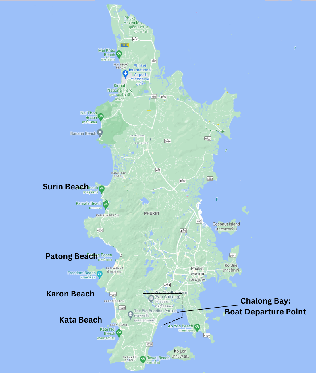 Map of Phuket showing Surin, Patong, Karon and Kata beach areas with the Chalong Bay day-trip departure point.