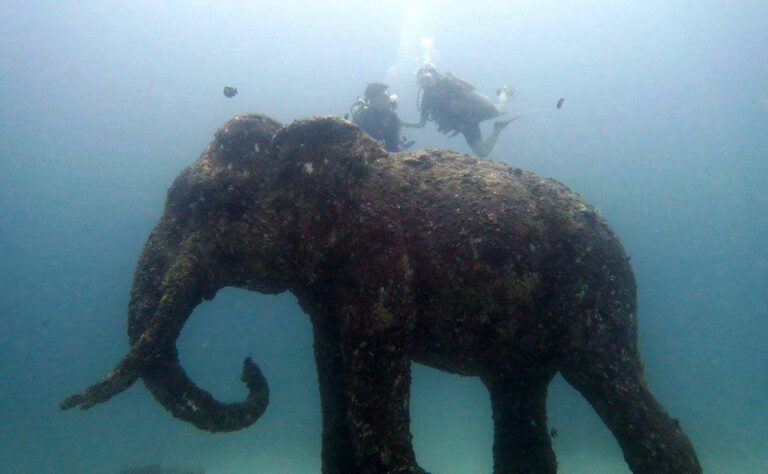 Two scuba divers swimming above a coral-covered stone elephant at Siam Bay, Racha Yai